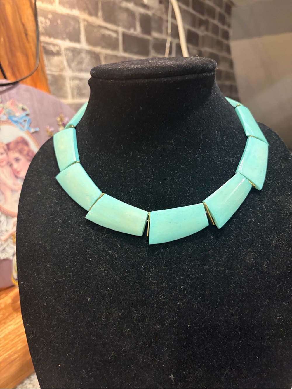 Turquoise Dyes Bone Necklace -UNIQUE bovine necklace vtg